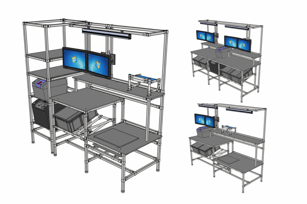 Modulares Arbeitsplatzsystem von NeoLog mit ergonomisch abgestimmten Ebenen und dynamisch anpassbarer Materialbereitstellung für ruhige Prozesse in der Intralogistik.