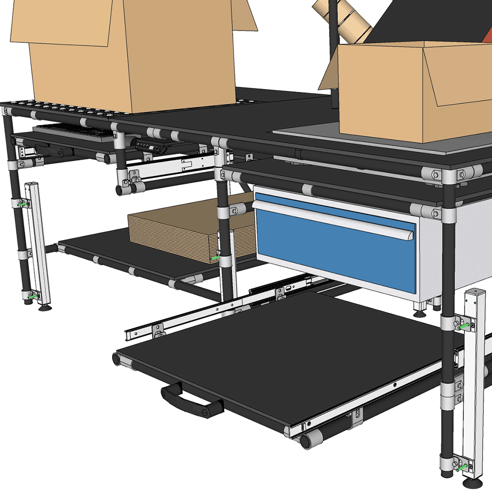Ergonomischer Industrie-Arbeitsplatz mit Auszugsschublade, klarer Greifraumstruktur und integrierter Informationsführung für stabile Montage- und Verpackungsprozesse.