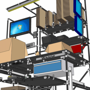 Modularer Packarbeitsplatz mit integrierter Waage, Kartonagebereitstellung, Monitoren und ergonomisch angeordnetem Arbeitsmaterial.