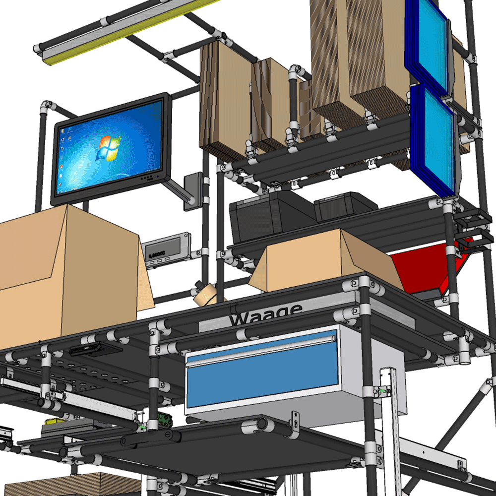 Modularer Packarbeitsplatz mit integrierter Waage, Kartonagebereitstellung, Monitoren und ergonomisch angeordnetem Arbeitsmaterial.