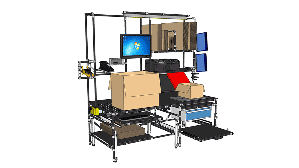 Ergonomisch gestalteter Industrie-Arbeitsplatz mit Monitoren, Scanner und klar strukturierten Informationsmodulen für kognitive Entlastung und Prozessstabilität.
