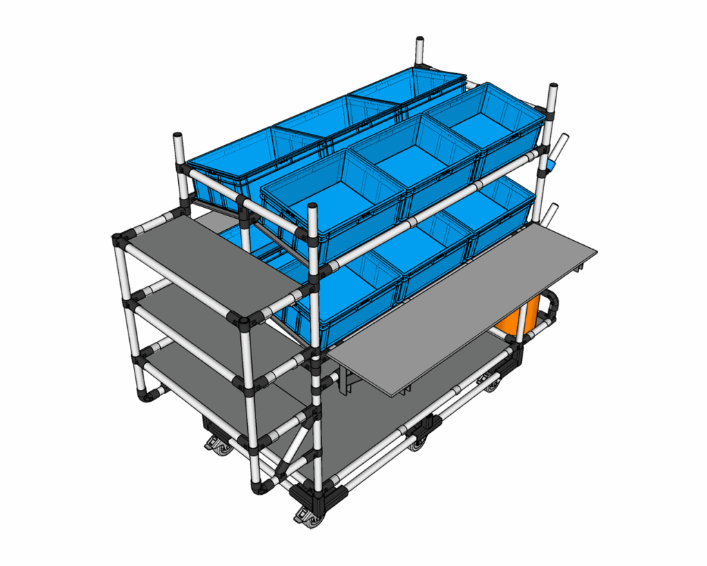 Mobiles Arbeitsplatzsystem mit KLT-Behältern und Arbeitsfläche für ergonomische Materialbereitstellung in Logistik und Montage.
