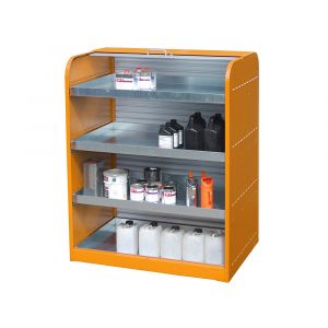 Gefahrstoff-Rollladenschrank Typ RSG orange mit 4 Kleingebindewannen